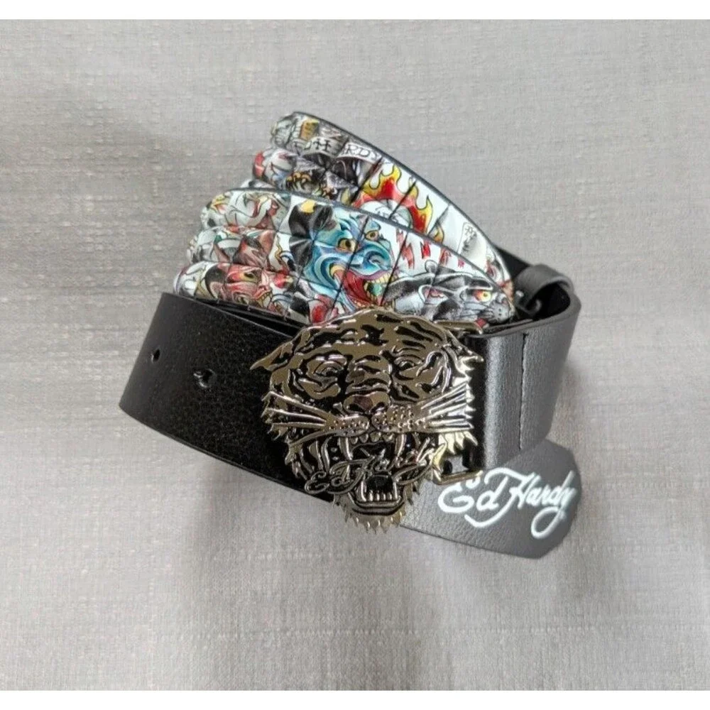 Ed Hardy Tiger Buckle Tattoo Print Studded Belt Men's Size 32 NEW